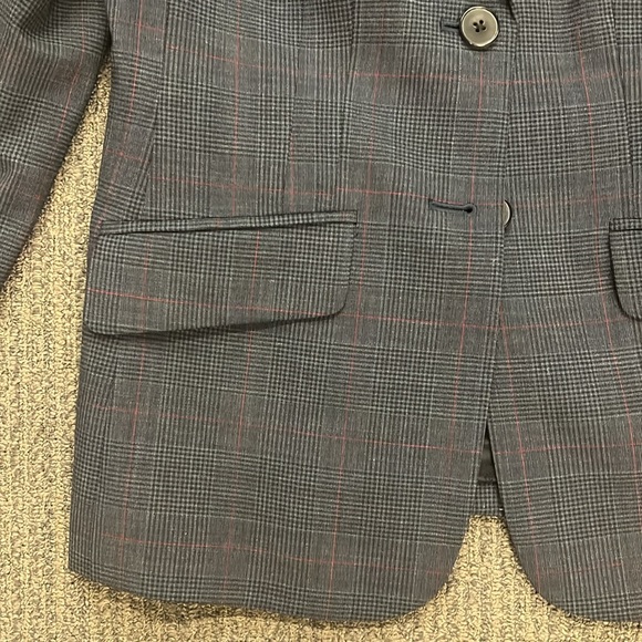 Two button blazer Slate blue and black Glenn plaid with burgundy stripe. - Picture 4 of 5